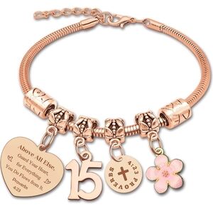 Rose Gold Fifteenth Birthday Charm Bracelet with Pink Flower and Engraved Heart